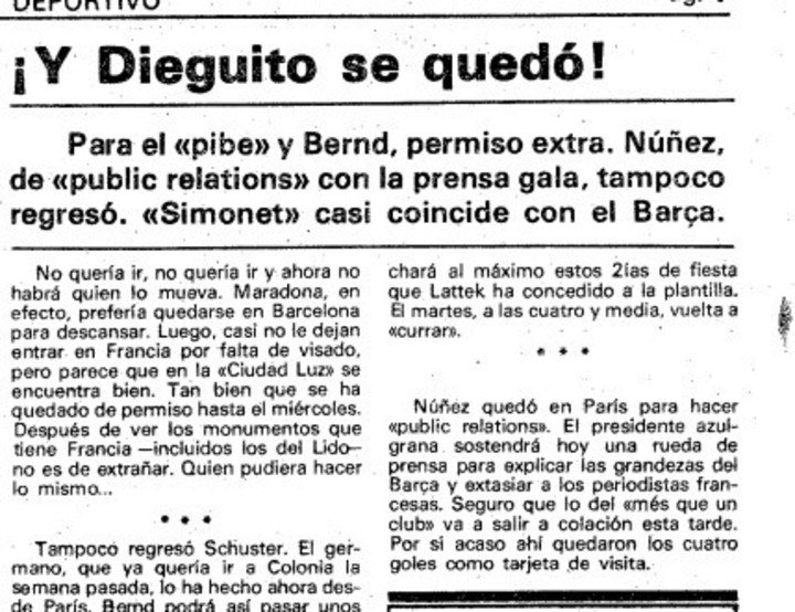 Diego obtuvo permiso para permanecer unos días en París con Claudia, según la prensa española el 14 de noviembre de 1982.