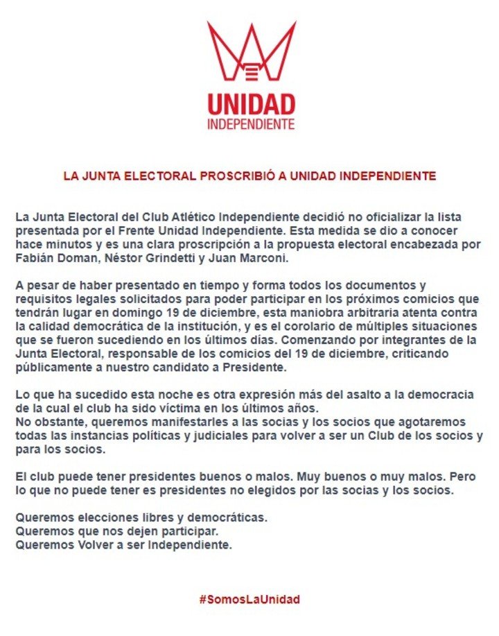La declaración de la Unidad Independiente.