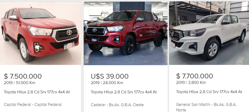 Precios de Toyota Hilux usados ​​en Mercado Libre.